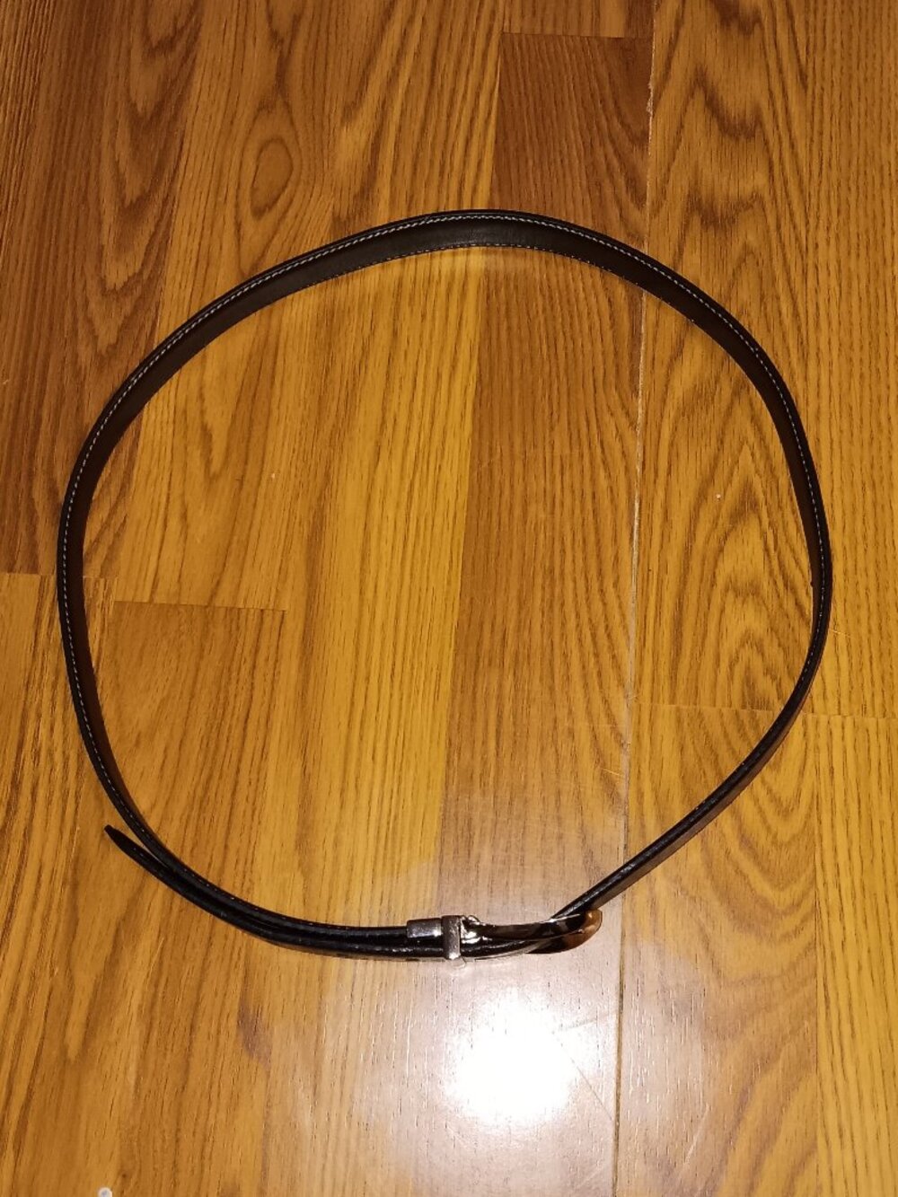 Black Leather Belt 42" White Contrast Stitch Silver Buckle